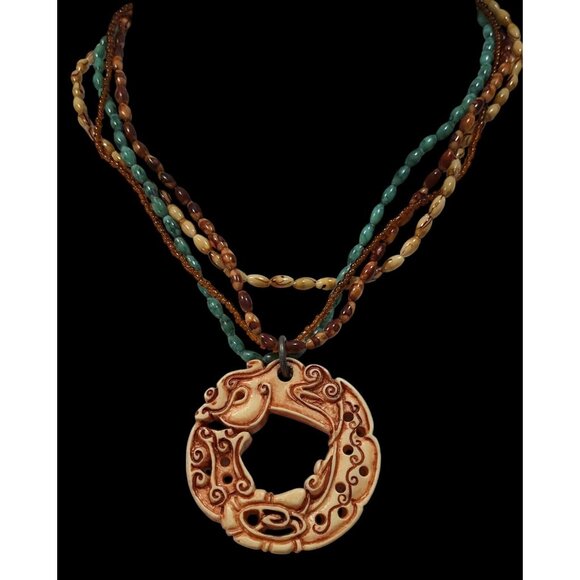 Vintage Tribal Style Brown And Blue Beaded Pendant Necklace - Picture 2 of 6